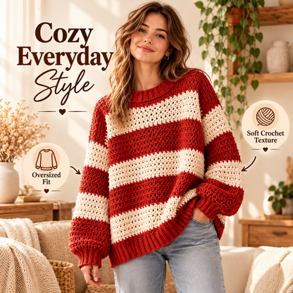 Striped Crochet Sweater Pattern PDF | Oversized Women’s Pullover | Red & Cream Crochet Sweater | Sizes 3XS–4XL Digital Download