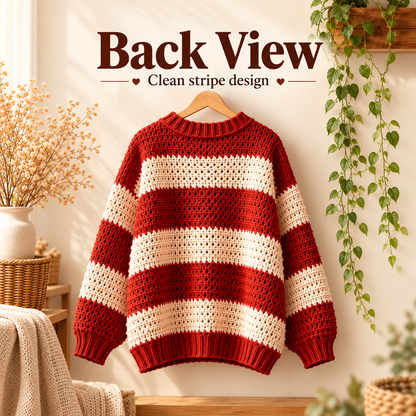 Striped Crochet Sweater Pattern PDF | Oversized Women’s Pullover | Red & Cream Crochet Sweater | Sizes 3XS–4XL Digital Download