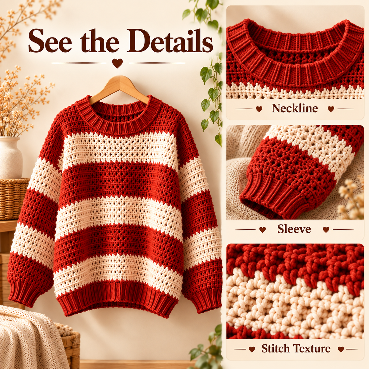 Striped Crochet Sweater Pattern PDF | Oversized Women’s Pullover | Red & Cream Crochet Sweater | Sizes 3XS–4XL Digital Download