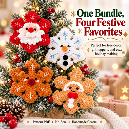 4-in-1 No-Sew Christmas Snowflake Crochet Pattern PDF | Santa, Snowman, Reindeer & Gingerbread Amigurumi Ornaments