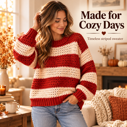 Striped Crochet Sweater Pattern PDF | Oversized Women’s Pullover | Red & Cream Crochet Sweater | Sizes 3XS–4XL Digital Download
