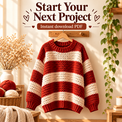 Striped Crochet Sweater Pattern PDF | Oversized Women’s Pullover | Red & Cream Crochet Sweater | Sizes 3XS–4XL Digital Download