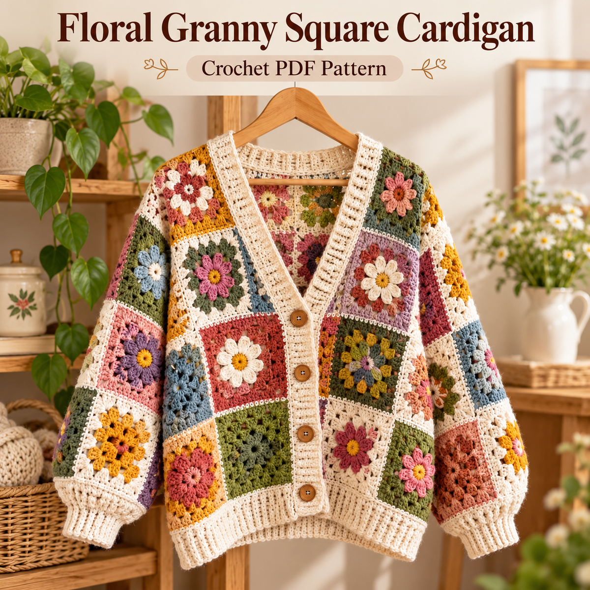 Floral Granny Square Cardigan Crochet Pattern PDF | Flower Crochet Cardigan for Women | Digital Download