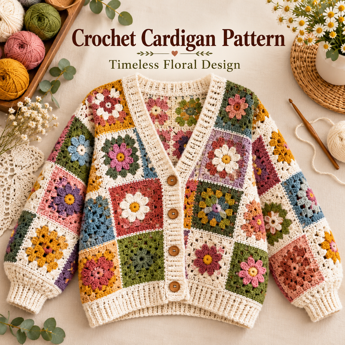 Floral Granny Square Cardigan Crochet Pattern PDF | Flower Crochet Cardigan for Women | Digital Download
