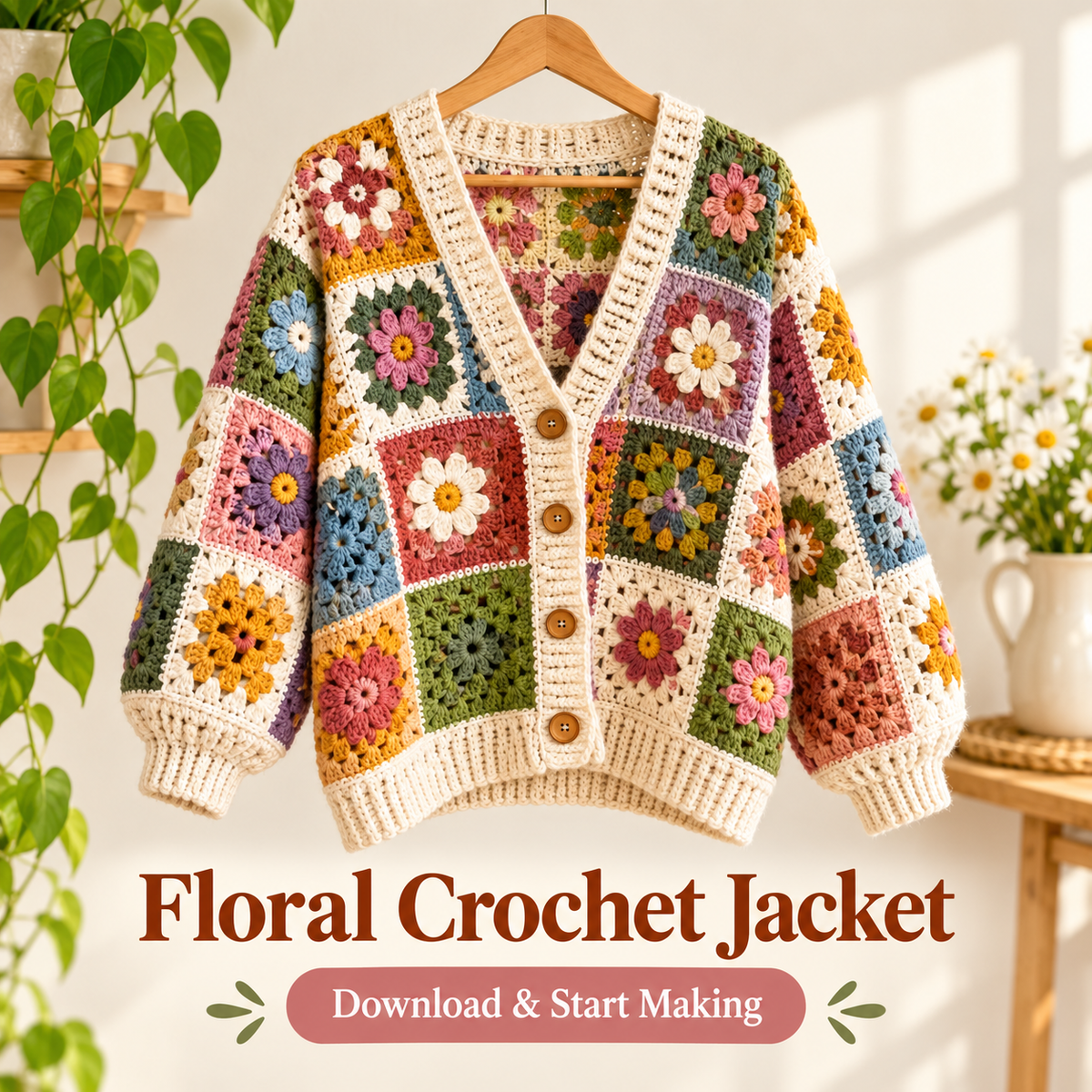 Floral Granny Square Cardigan Crochet Pattern PDF | Flower Crochet Cardigan for Women | Digital Download