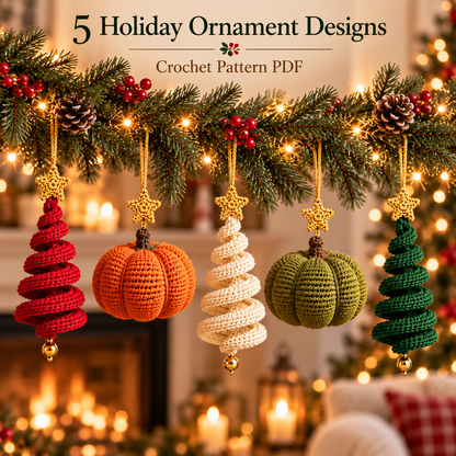 5-in-1 Holiday Ornament Crochet Pattern PDF | 3D Spiral Christmas Tree & Pumpkin Patterns