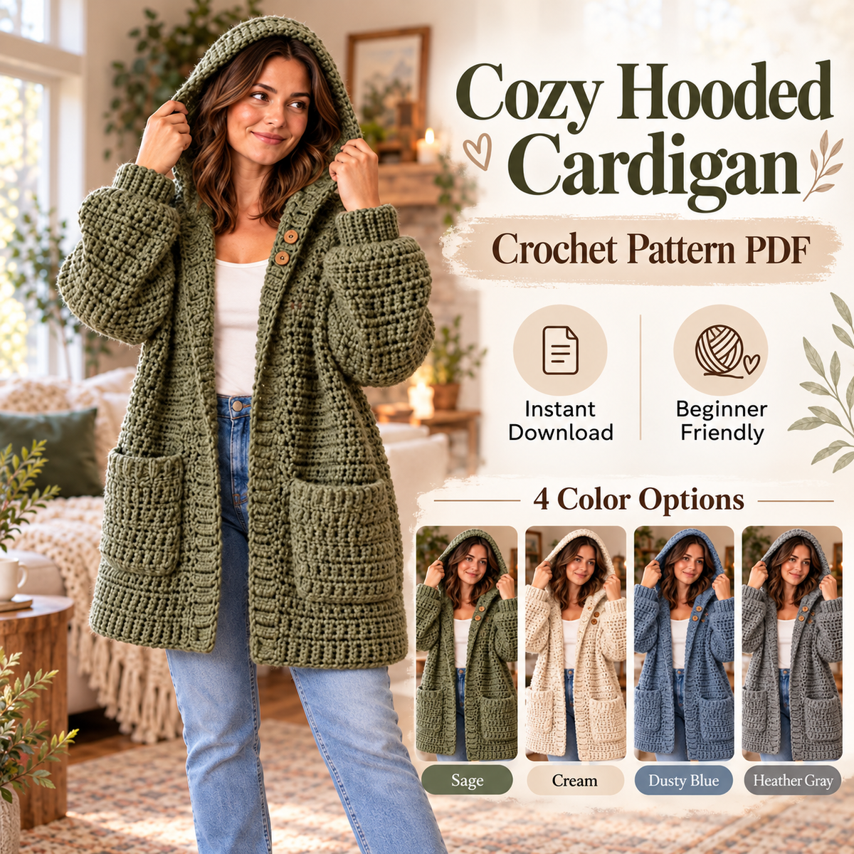 Hooded Cardigan Crochet Pattern PDF | Long Oversized Cardigan with Pockets | Cozy Women’s Sweater | Beginner Friendly Digital Download