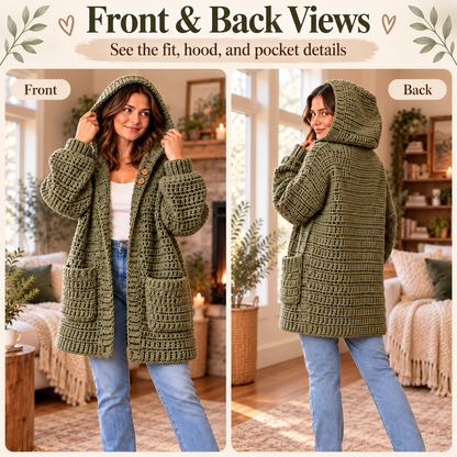 Hooded Cardigan Crochet Pattern PDF | Long Oversized Cardigan with Pockets | Cozy Women’s Sweater | Beginner Friendly Digital Download