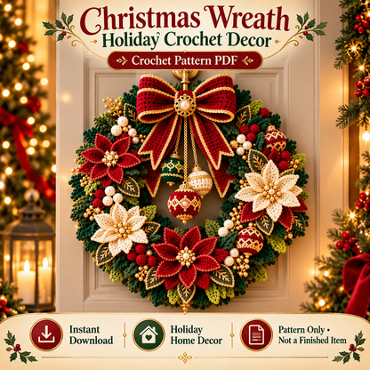 Crochet Christmas Wreath Pattern PDF | Poinsettia Holiday Door Wreath | Festive Bow & Ornament Decor | Digital Download