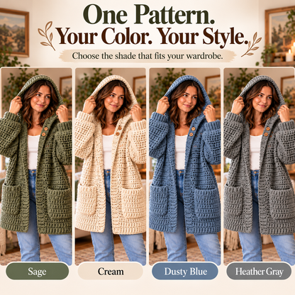 Hooded Cardigan Crochet Pattern PDF | Long Oversized Cardigan with Pockets | Cozy Women’s Sweater | Beginner Friendly Digital Download