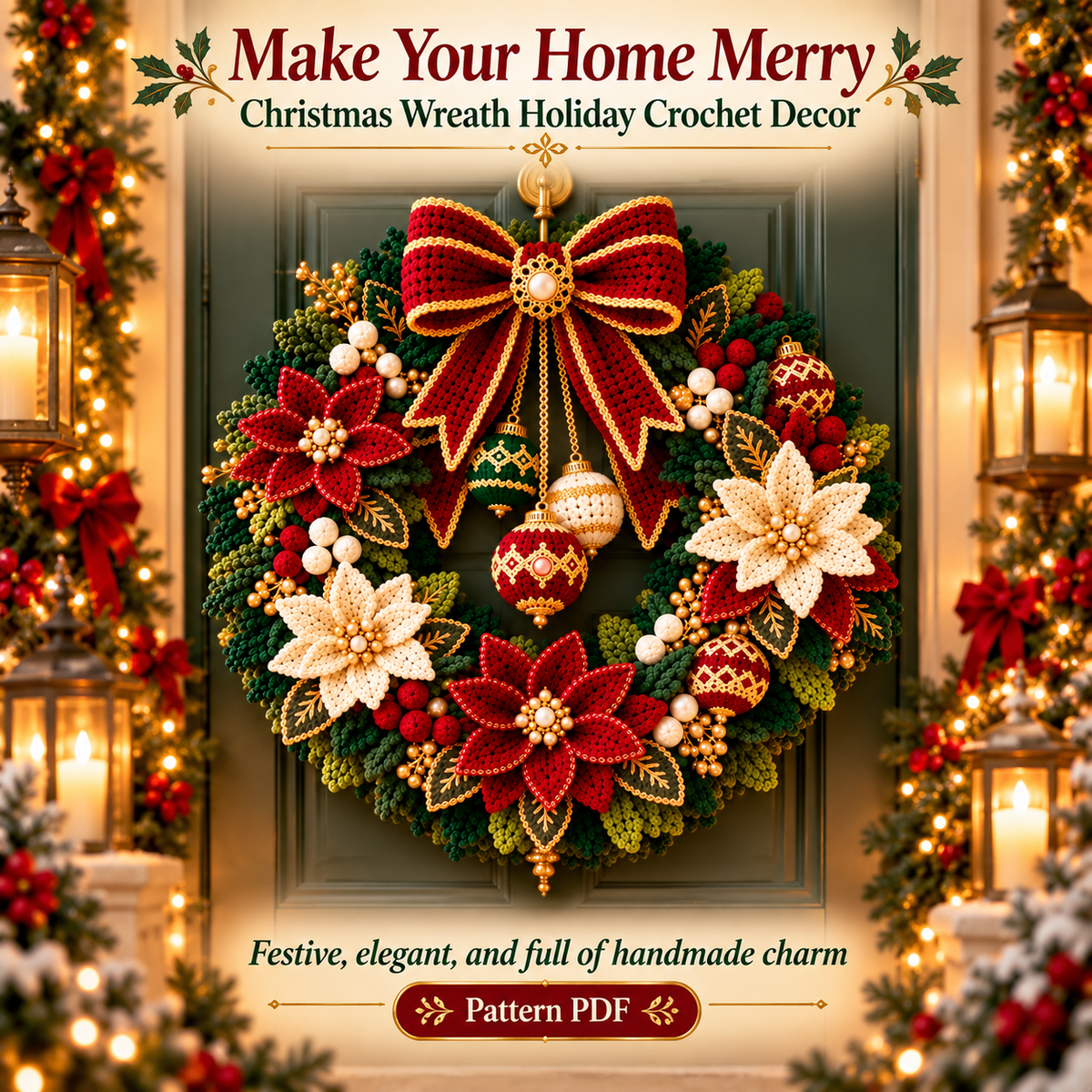 Crochet Christmas Wreath Pattern PDF | Poinsettia Holiday Door Wreath | Festive Bow & Ornament Decor | Digital Download