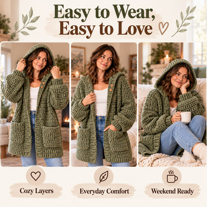 Hooded Cardigan Crochet Pattern PDF | Long Oversized Cardigan with Pockets | Cozy Women’s Sweater | Beginner Friendly Digital Download