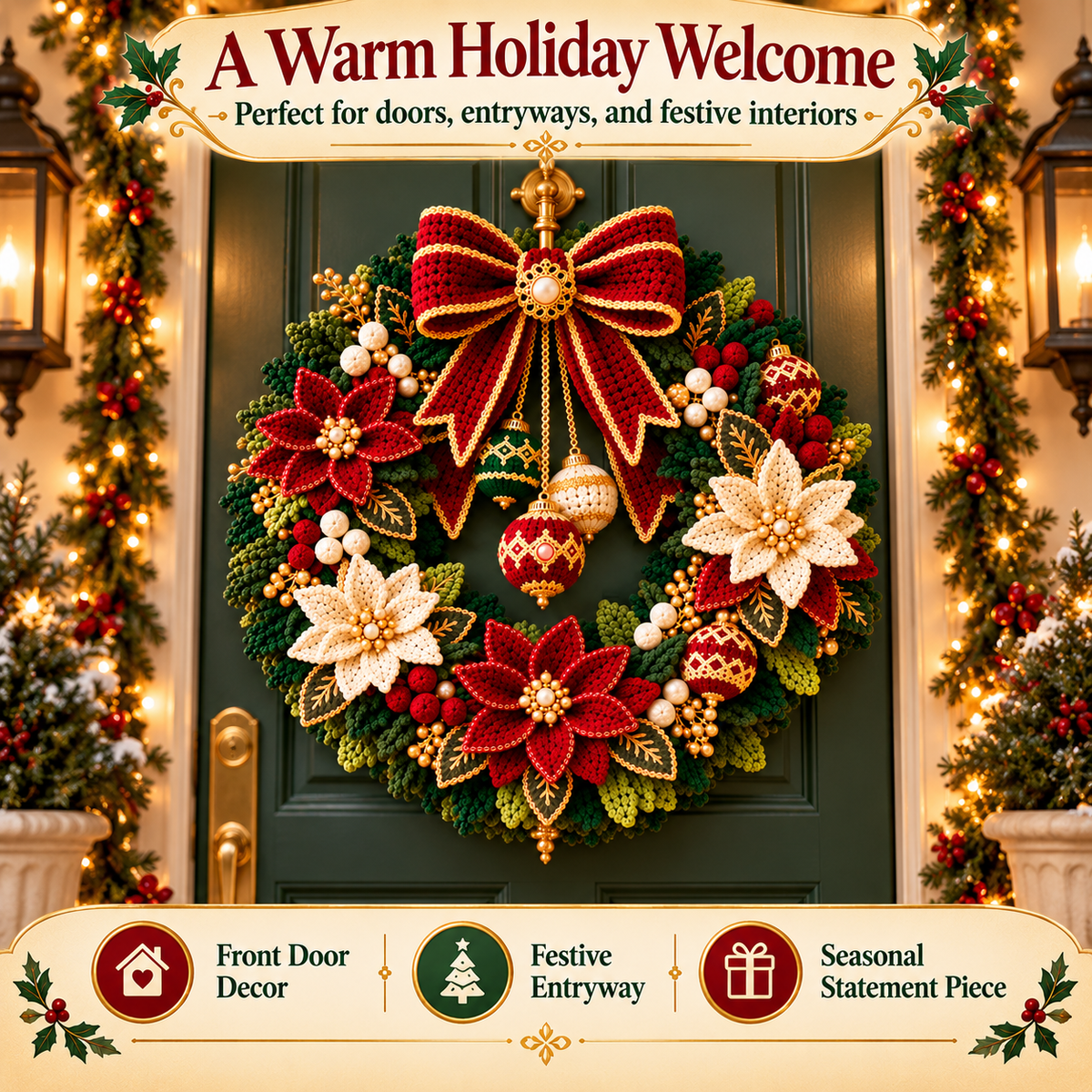 Crochet Christmas Wreath Pattern PDF | Poinsettia Holiday Door Wreath | Festive Bow & Ornament Decor | Digital Download
