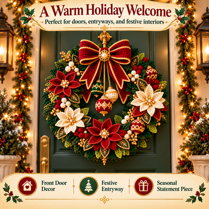 Crochet Christmas Wreath Pattern PDF | Poinsettia Holiday Door Wreath | Festive Bow & Ornament Decor | Digital Download