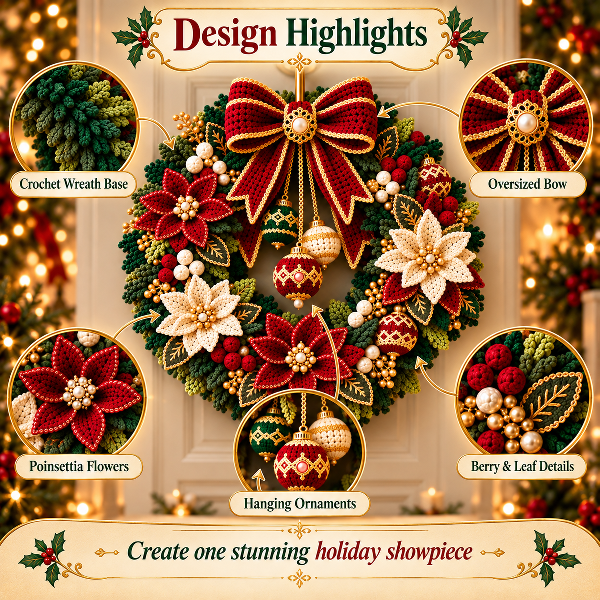 Crochet Christmas Wreath Pattern PDF | Poinsettia Holiday Door Wreath | Festive Bow & Ornament Decor | Digital Download