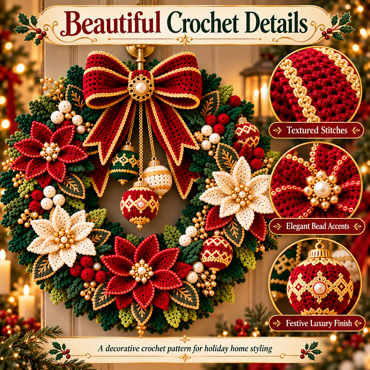 Crochet Christmas Wreath Pattern PDF | Poinsettia Holiday Door Wreath | Festive Bow & Ornament Decor | Digital Download