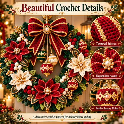 Crochet Christmas Wreath Pattern PDF | Poinsettia Holiday Door Wreath | Festive Bow & Ornament Decor | Digital Download