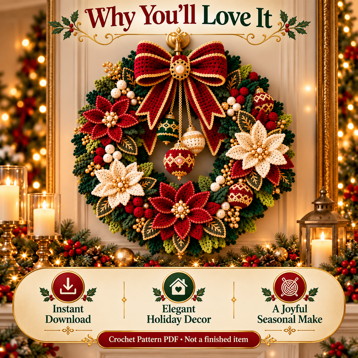 Crochet Christmas Wreath Pattern PDF | Poinsettia Holiday Door Wreath | Festive Bow & Ornament Decor | Digital Download