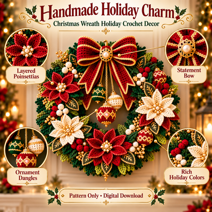 Crochet Christmas Wreath Pattern PDF | Poinsettia Holiday Door Wreath | Festive Bow & Ornament Decor | Digital Download