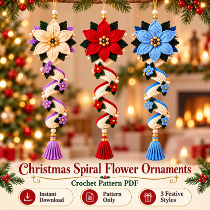 Christmas Spiral Flower Ornament Crochet Pattern PDF | Poinsettia Hanging Decor | Tassel Holiday Ornament Bundle