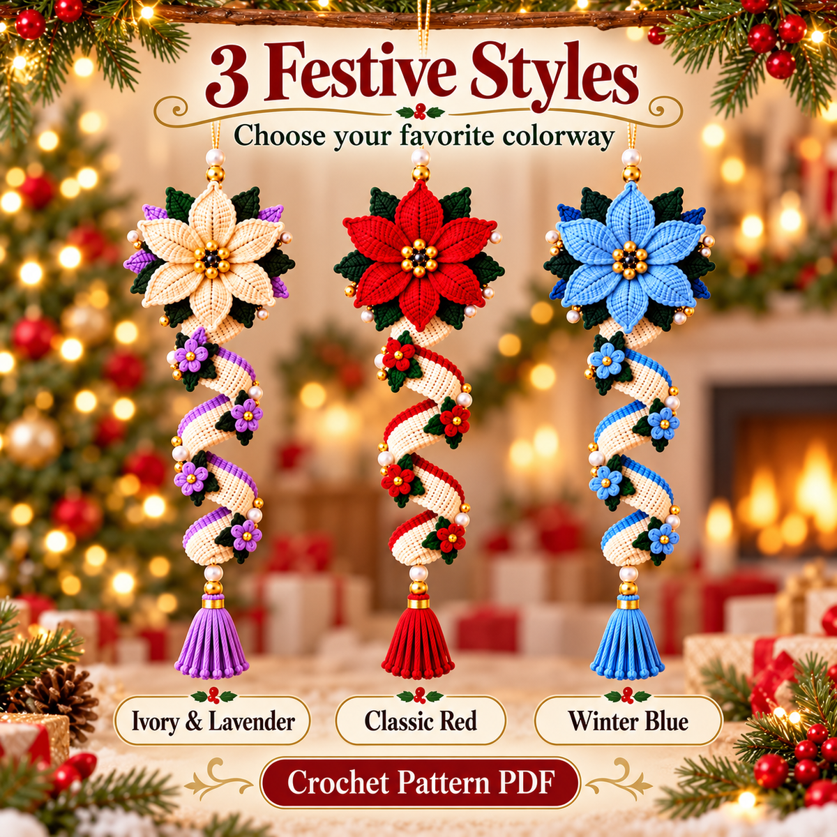 Christmas Spiral Flower Ornament Crochet Pattern PDF | Poinsettia Hanging Decor | Tassel Holiday Ornament Bundle