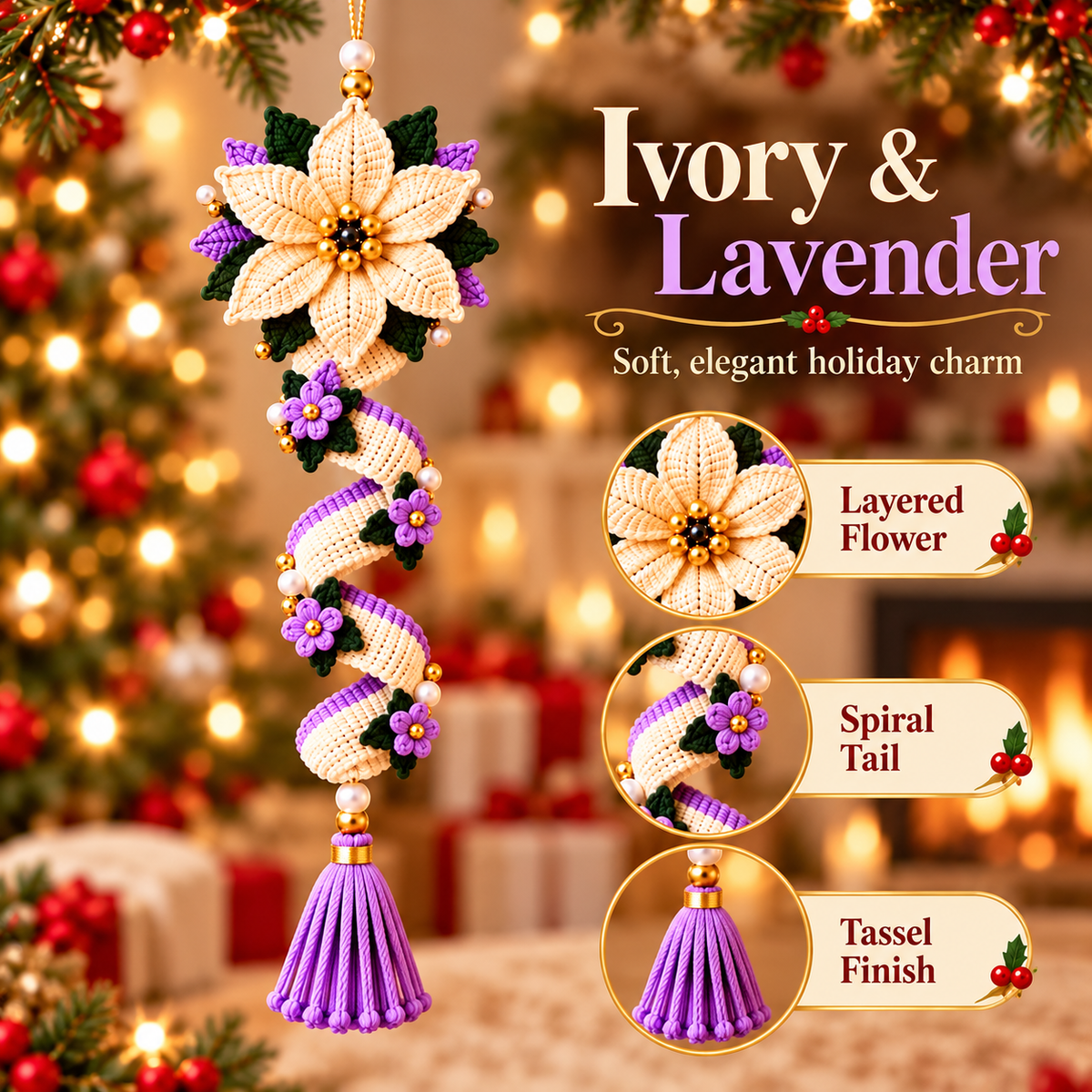 Christmas Spiral Flower Ornament Crochet Pattern PDF | Poinsettia Hanging Decor | Tassel Holiday Ornament Bundle