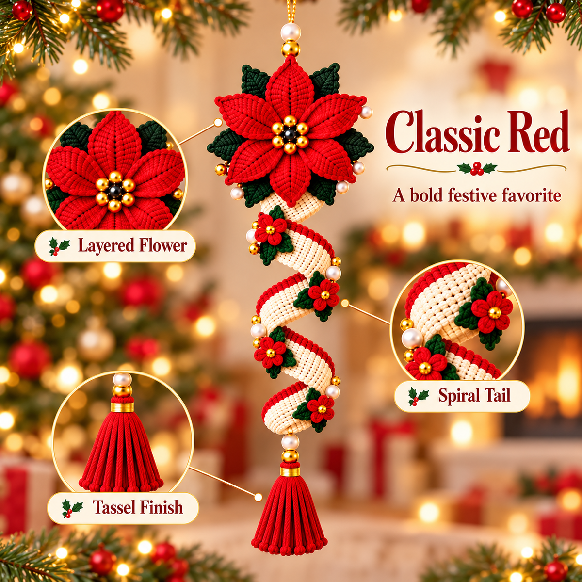 Christmas Spiral Flower Ornament Crochet Pattern PDF | Poinsettia Hanging Decor | Tassel Holiday Ornament Bundle