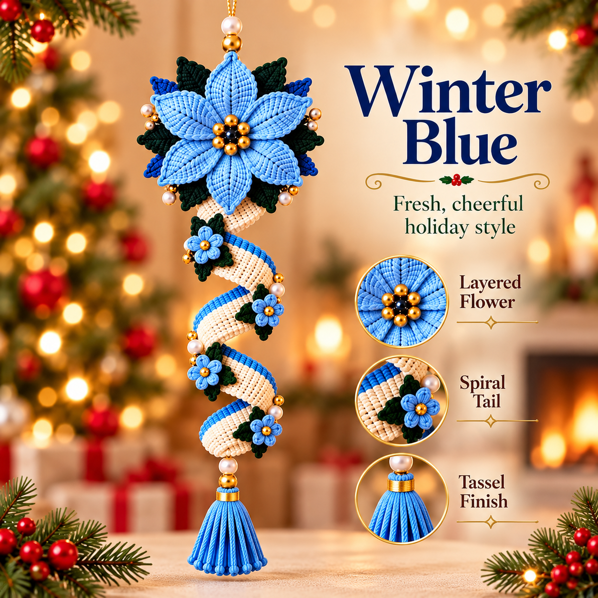 Christmas Spiral Flower Ornament Crochet Pattern PDF | Poinsettia Hanging Decor | Tassel Holiday Ornament Bundle