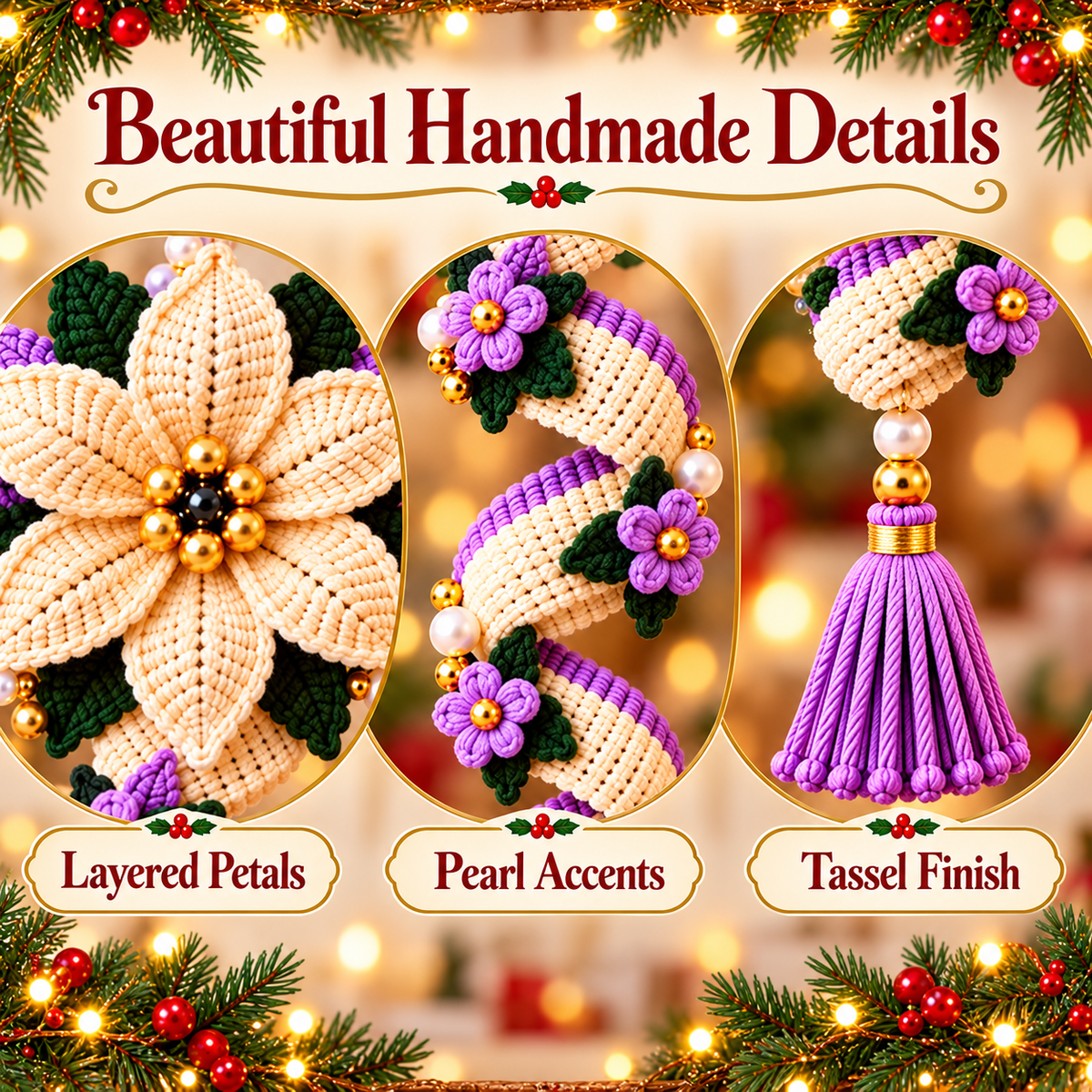Christmas Spiral Flower Ornament Crochet Pattern PDF | Poinsettia Hanging Decor | Tassel Holiday Ornament Bundle