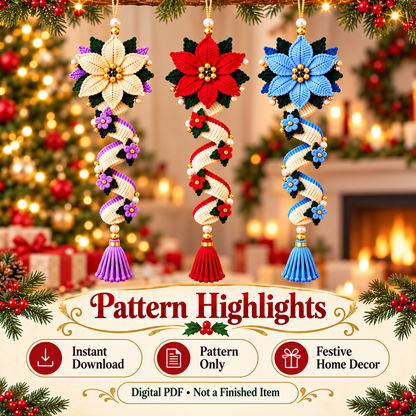 Christmas Spiral Flower Ornament Crochet Pattern PDF | Poinsettia Hanging Decor | Tassel Holiday Ornament Bundle