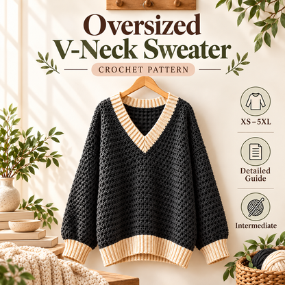 Oversized V-Neck Crochet Sweater Pattern PDF | Chunky Women’s Pullover | Cozy Contrast Trim Sweater | Sizes XS–5XL Digital Download