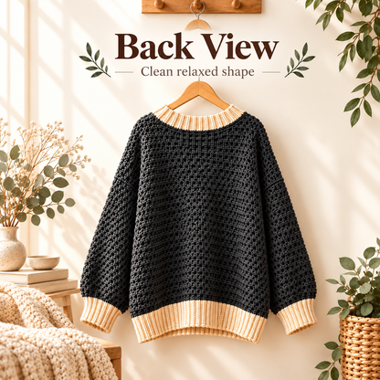 Oversized V-Neck Crochet Sweater Pattern PDF | Chunky Women’s Pullover | Cozy Contrast Trim Sweater | Sizes XS–5XL Digital Download