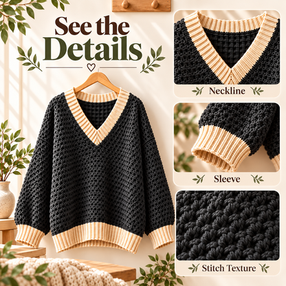 Oversized V-Neck Crochet Sweater Pattern PDF | Chunky Women’s Pullover | Cozy Contrast Trim Sweater | Sizes XS–5XL Digital Download