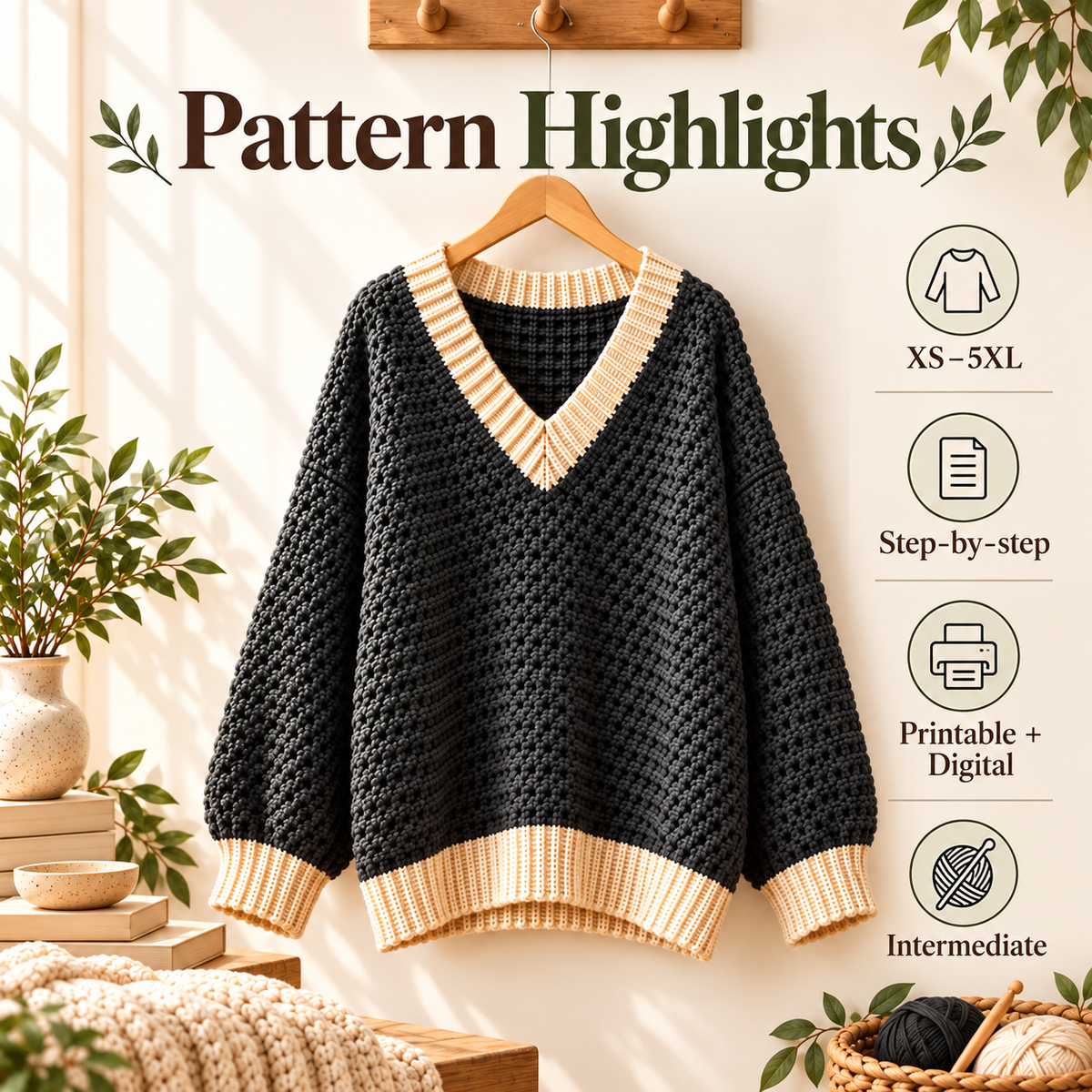 Oversized V-Neck Crochet Sweater Pattern PDF | Chunky Women’s Pullover | Cozy Contrast Trim Sweater | Sizes XS–5XL Digital Download