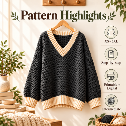 Oversized V-Neck Crochet Sweater Pattern PDF | Chunky Women’s Pullover | Cozy Contrast Trim Sweater | Sizes XS–5XL Digital Download