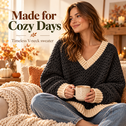 Oversized V-Neck Crochet Sweater Pattern PDF | Chunky Women’s Pullover | Cozy Contrast Trim Sweater | Sizes XS–5XL Digital Download