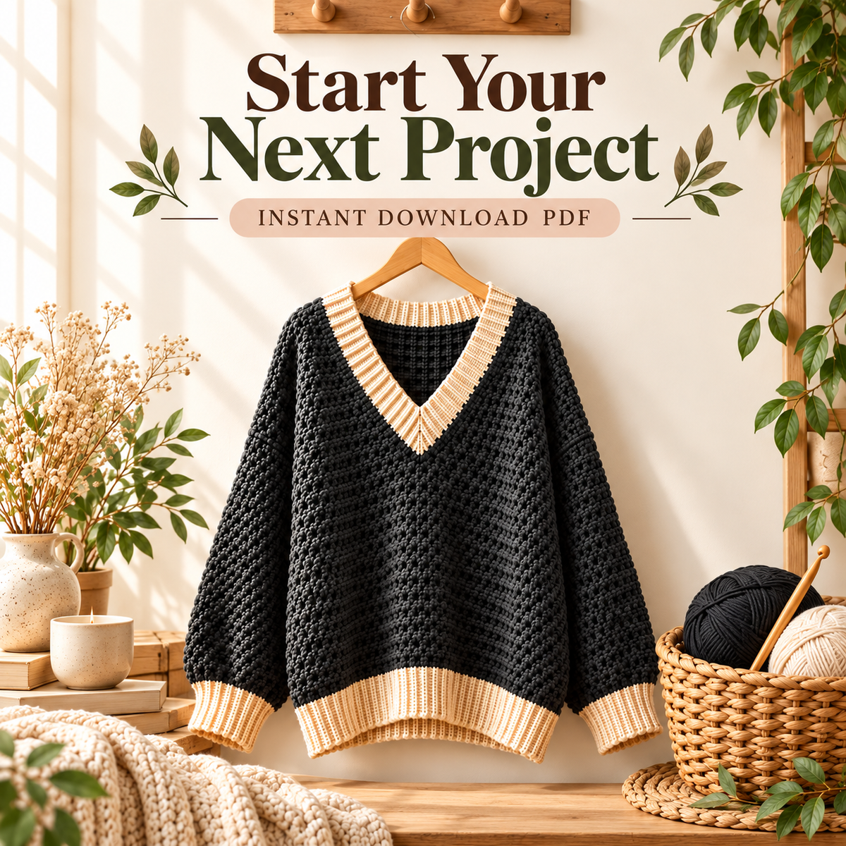 Oversized V-Neck Crochet Sweater Pattern PDF | Chunky Women’s Pullover | Cozy Contrast Trim Sweater | Sizes XS–5XL Digital Download
