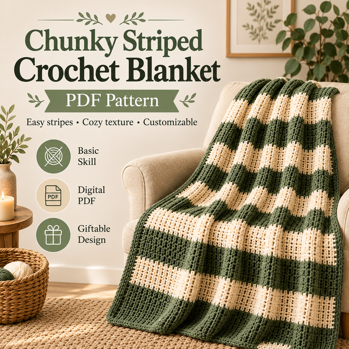 Chunky Striped Crochet Blanket Pattern PDF | Cozy Beginner Throw Blanket | Green & Cream Home Decor | Easy Digital Download