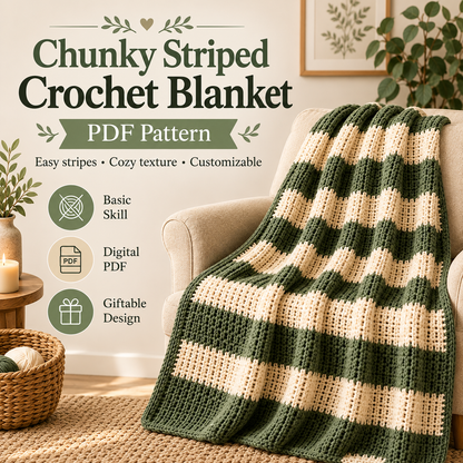 Chunky Striped Crochet Blanket Pattern PDF | Cozy Beginner Throw Blanket | Green & Cream Home Decor | Easy Digital Download