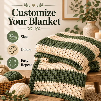 Chunky Striped Crochet Blanket Pattern PDF | Cozy Beginner Throw Blanket | Green & Cream Home Decor | Easy Digital Download