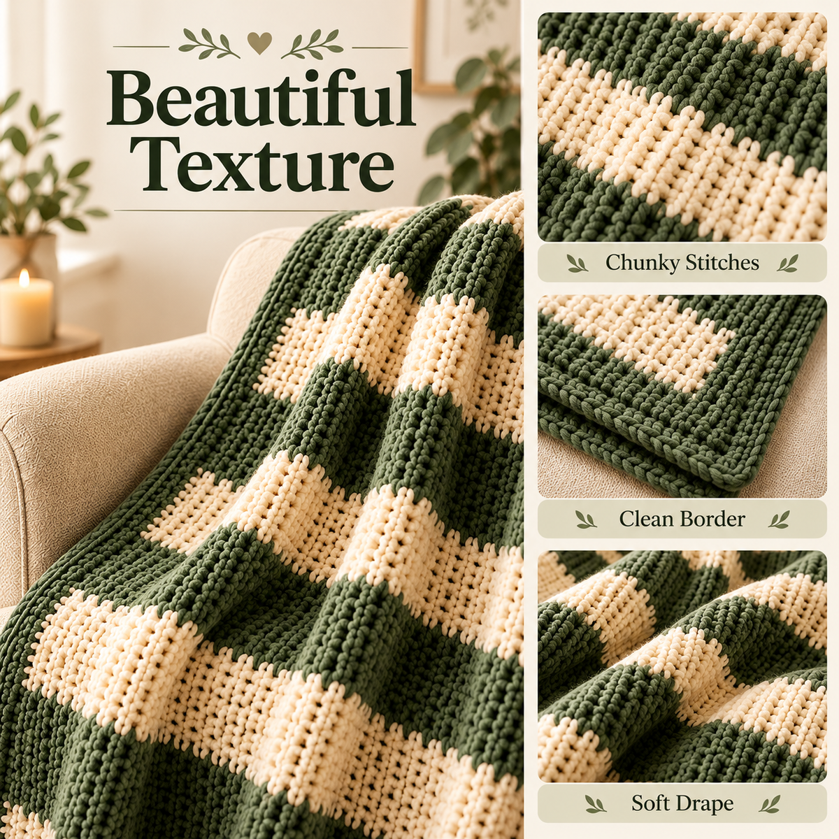 Chunky Striped Crochet Blanket Pattern PDF | Cozy Beginner Throw Blanket | Green & Cream Home Decor | Easy Digital Download