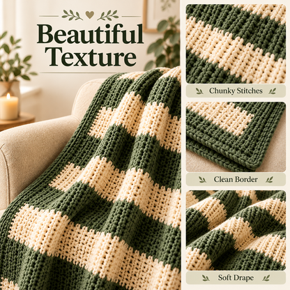Chunky Striped Crochet Blanket Pattern PDF | Cozy Beginner Throw Blanket | Green & Cream Home Decor | Easy Digital Download