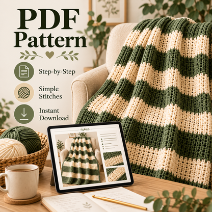 Chunky Striped Crochet Blanket Pattern PDF | Cozy Beginner Throw Blanket | Green & Cream Home Decor | Easy Digital Download