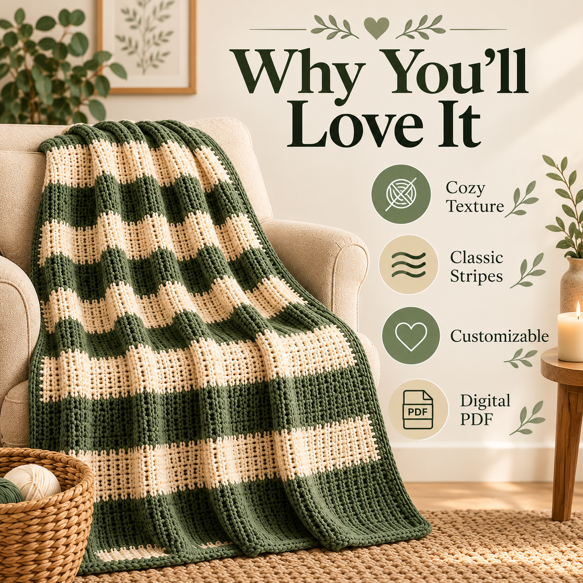 Chunky Striped Crochet Blanket Pattern PDF | Cozy Beginner Throw Blanket | Green & Cream Home Decor | Easy Digital Download