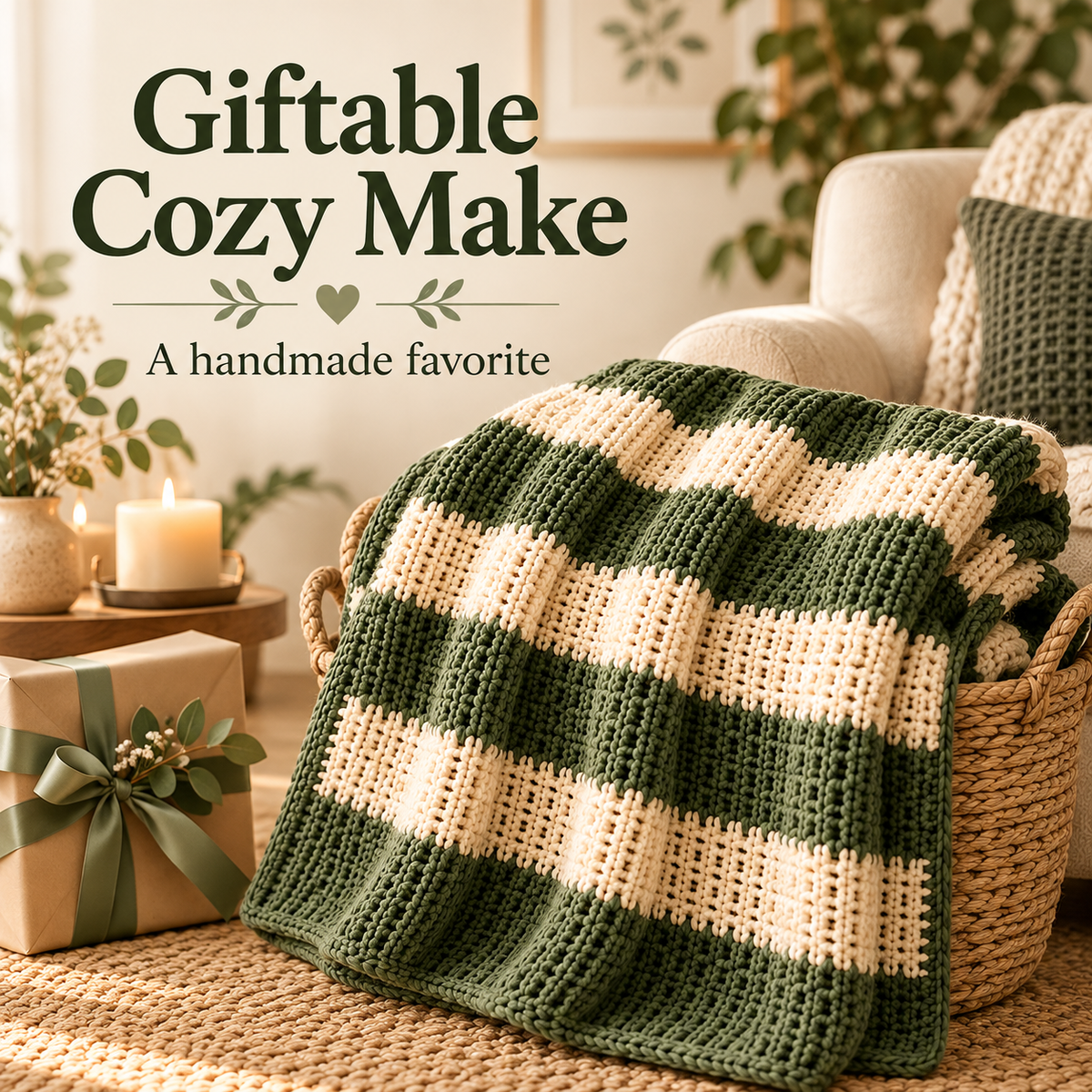 Chunky Striped Crochet Blanket Pattern PDF | Cozy Beginner Throw Blanket | Green & Cream Home Decor | Easy Digital Download