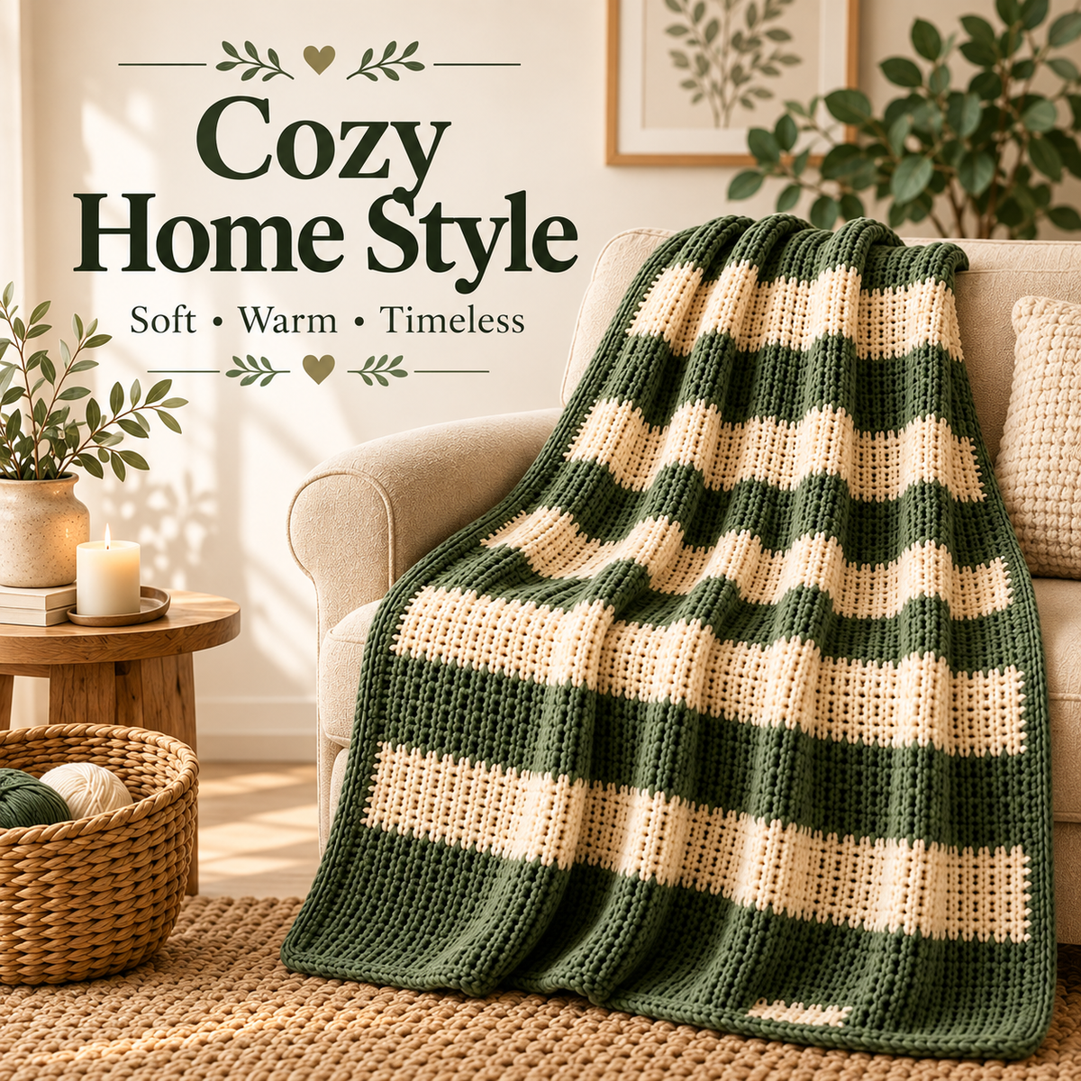 Chunky Striped Crochet Blanket Pattern PDF | Cozy Beginner Throw Blanket | Green & Cream Home Decor | Easy Digital Download