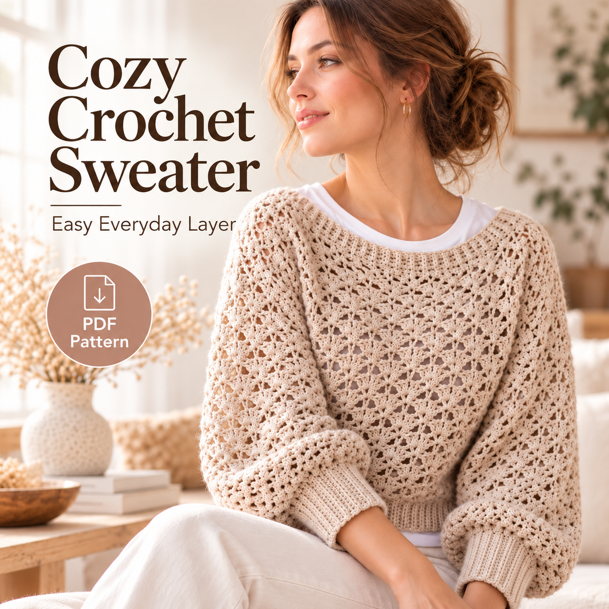 Crochet Lace Pullover Pattern PDF | Balloon Sleeve Sweater | Cozy Crochet Top Digital Download