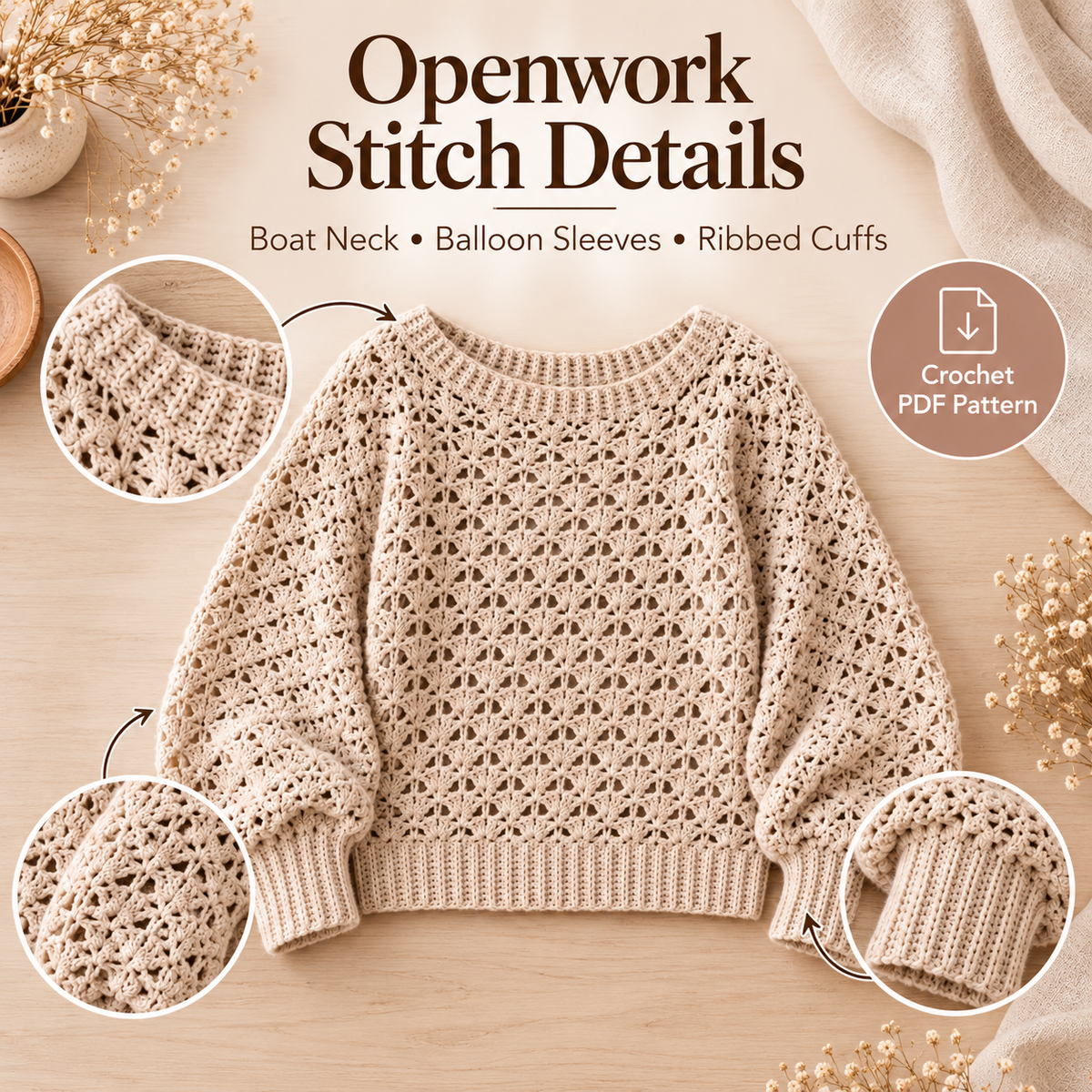 Crochet Lace Pullover Pattern PDF | Balloon Sleeve Sweater | Cozy Crochet Top Digital Download