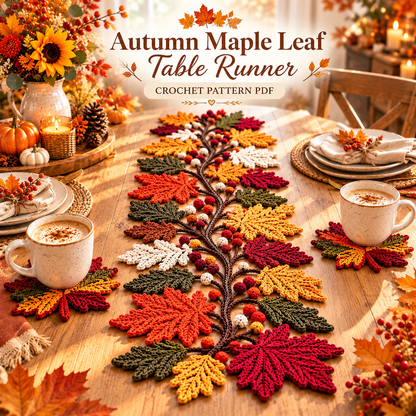 Autumn Leaf Crochet Pattern Bundle PDF | Fall Table Runner & Coasters | Thanksgiving Table Decor | Maple Leaf Crochet | Digital Download