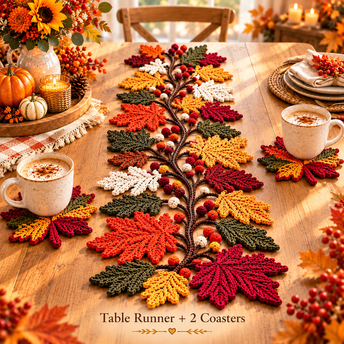 Autumn Leaf Crochet Pattern Bundle PDF | Fall Table Runner & Coasters | Thanksgiving Table Decor | Maple Leaf Crochet | Digital Download